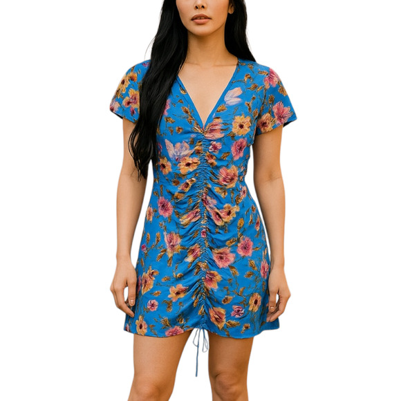 NWT Abound Blue Floral Short Sleeve Ruched Mini Bodycon Dress Size Large - Picture 1 of 10